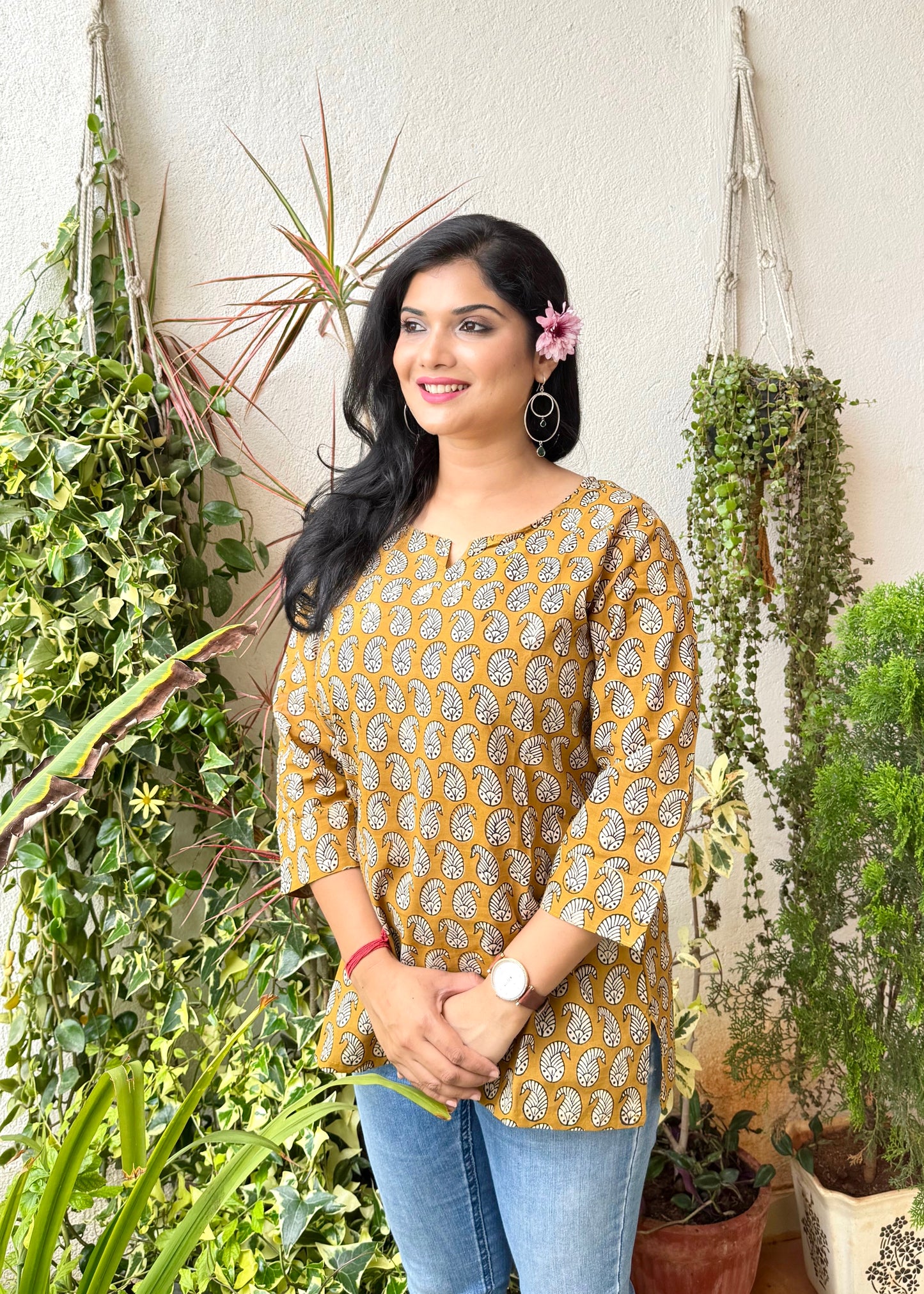 Leaf Motif ~ Mustard Yellow Handblock Kurti