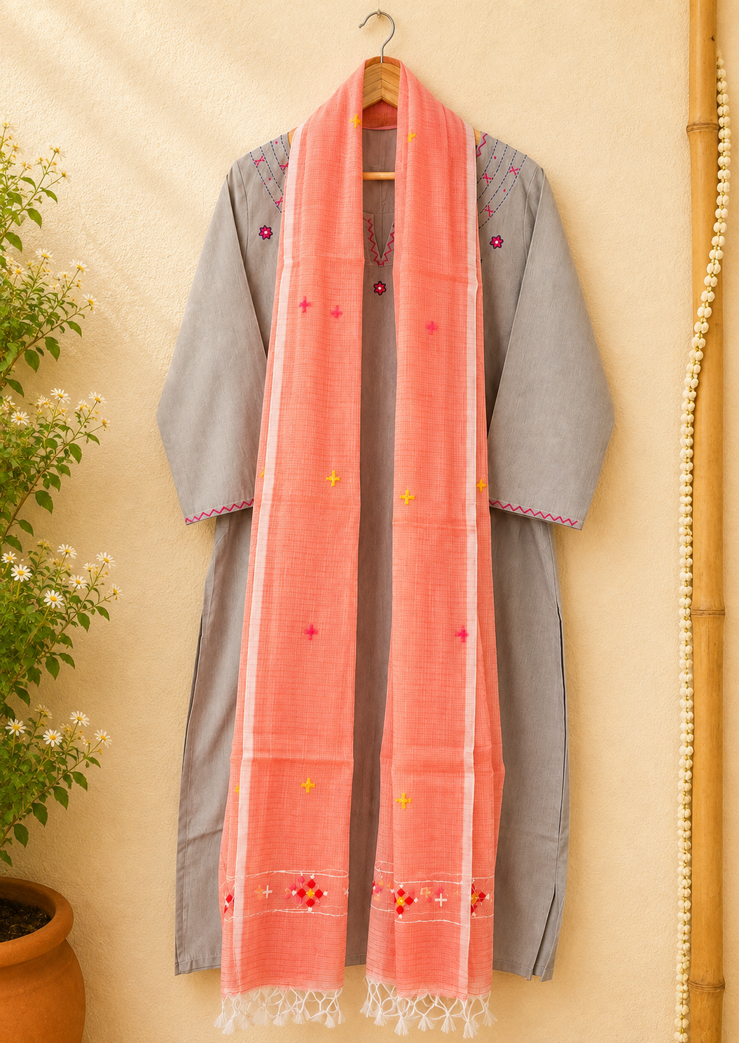 Masakali ~ Grey Embroidered Kurti & Kota Doriya Dupatta Set