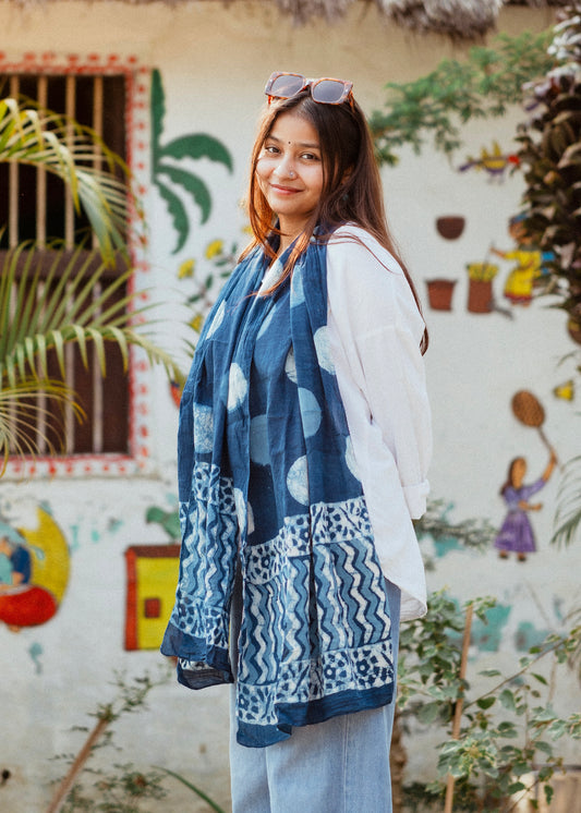 Raag 🪷 Mulmul Cotton Stoles ~ Polka ~ Indigo