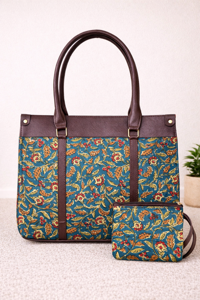 Karwaan🍂 Green Meadow motifs ~ Sanganeri Laptop Bag & Pouch Set