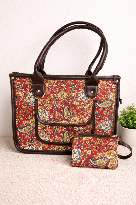 Karwaan🍂 Scarlet Bloom motifs ~ Sanganeri Handblock Laptop Bag