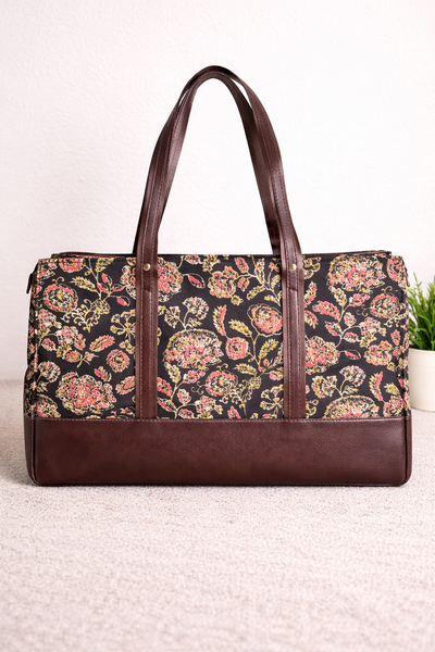Karwaan🍂 Brown Floral Motifs ~ Sanganeri Handblock Fabric Bag