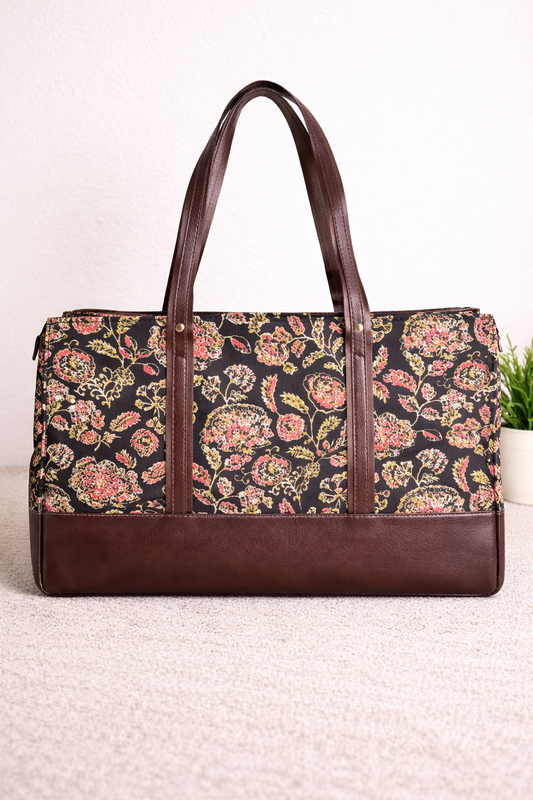 Karwaan🍂 Brown Floral Motifs ~ Sanganeri Handblock Fabric Bag