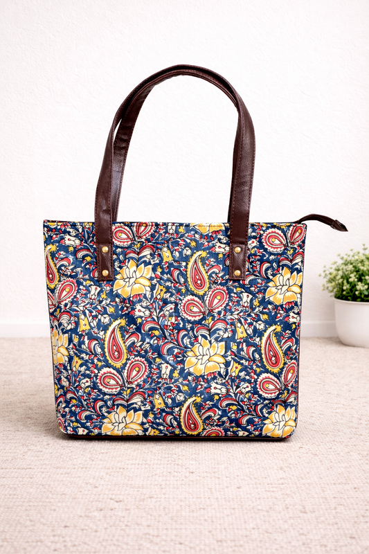 Karwaan🍂 Navy Blue Floral motifs ~ Sanganeri Handbag & Pouch Set