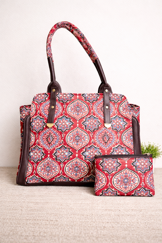 Karwaan🍂 Crimson Red motifs ~ Ajrakh Handbag & Pouch Set