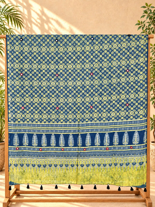 Rangrez🔅Ajrakh Mulmul Cotton Dupattas with Embroidery ~ Teal Blue w/ Grunge Texture