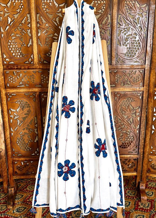 Ajrakh Applique & Kantha Embroidered ~ Indigo Phool Dupatta