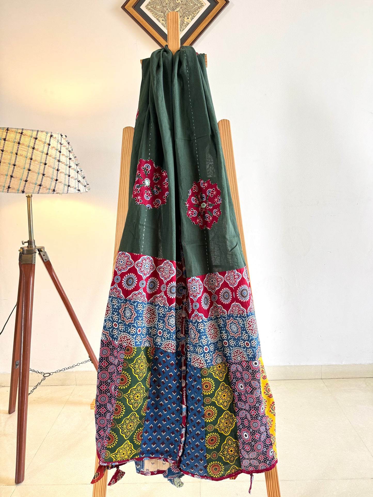 𓂃ོ⋆☀︎𓂃ᨒོ Ajrakh, Applique & Kantha Embroidered Dupatta ~ Olive Green with Ruby Crystals𑁍ࠬ