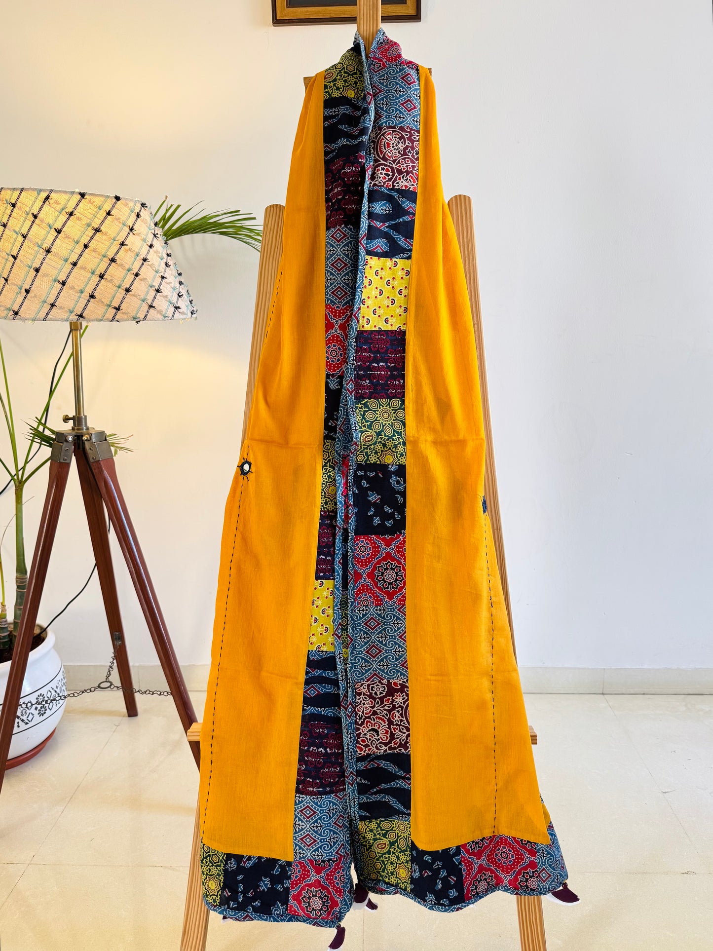 Ajrakh Applique & Kantha Embroidered Dupatta ~ Mustard Yellow with Flowers