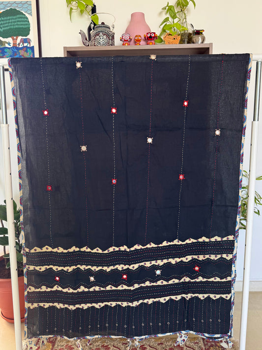 Ajrakh Applique & Kantha Embroidered Dupatta ~ Black & Cream