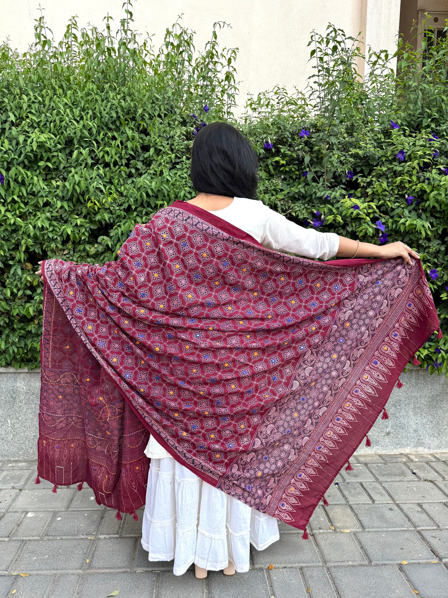 Rangrez🔅Ajrakh Mulmul Cotton Dupattas with Embroidery ~ Cranberry Red