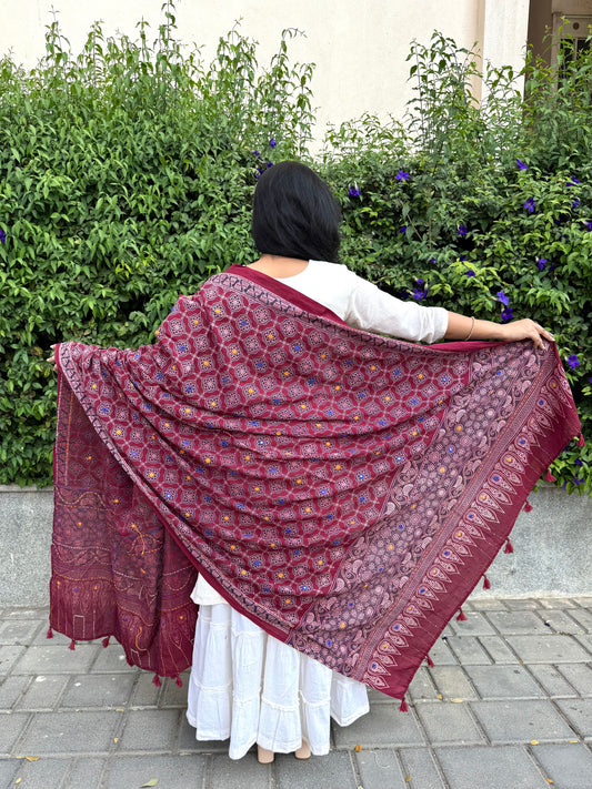 Rangrez🔅Ajrakh Mulmul Cotton Dupattas with Embroidery ~ Cranberry Red