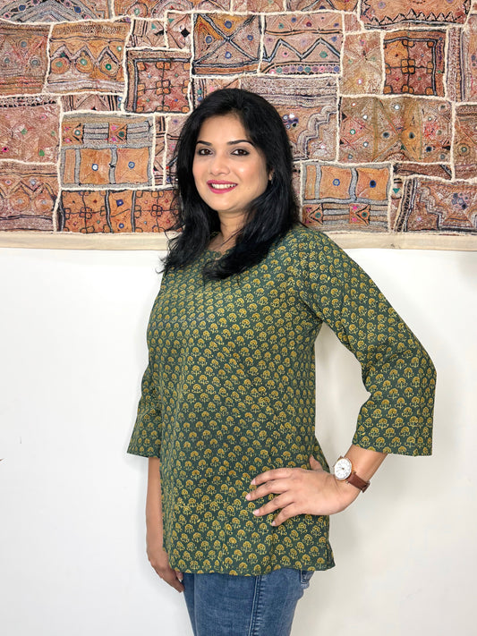 Bellflower ~ Olive Green Ajrakh Handblock Kurti