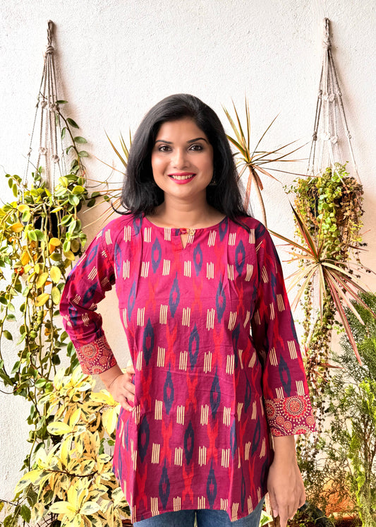 Ikkat - Brick Red Handblock Kurti