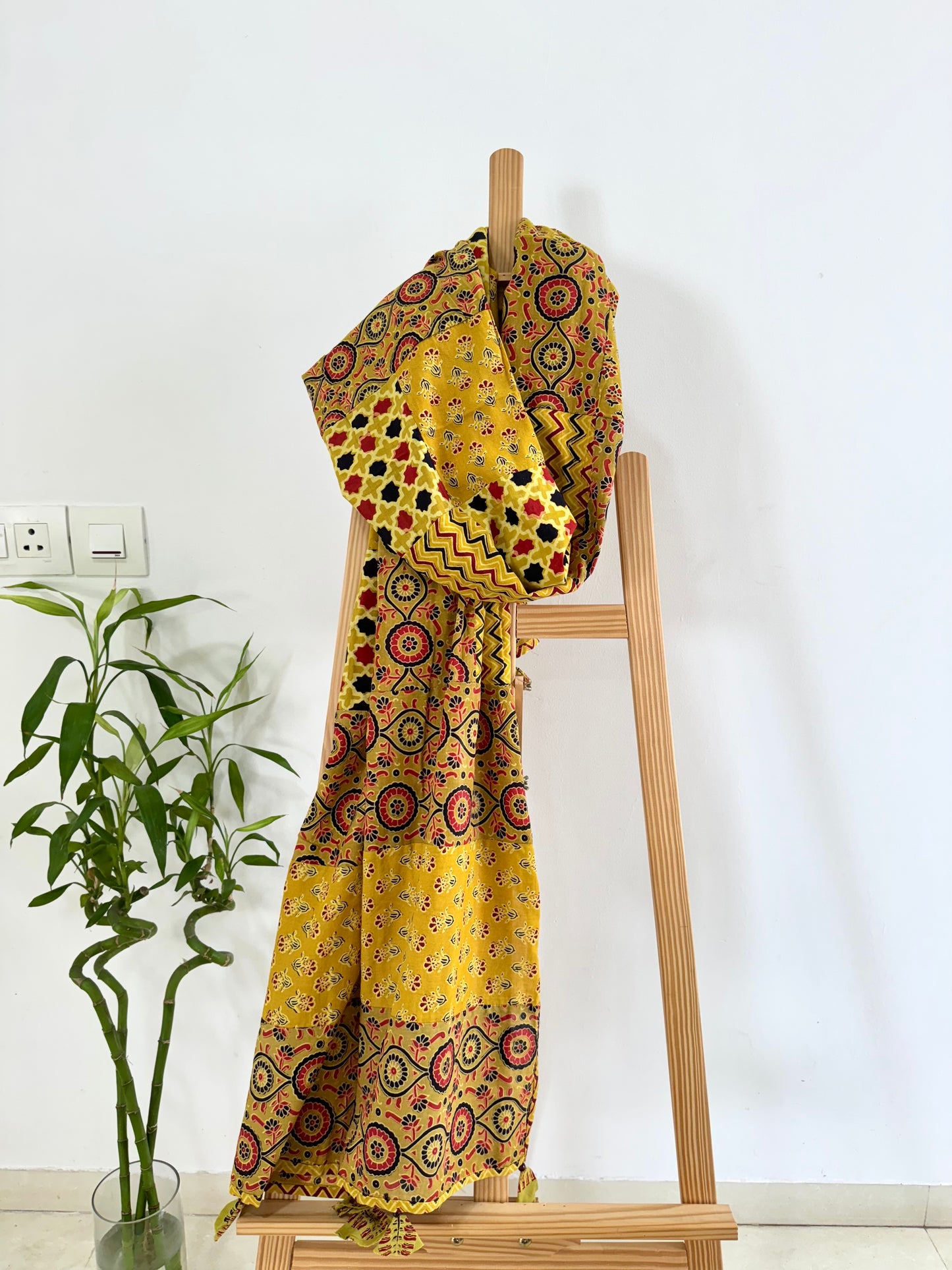 Ajrakh Applique & Kantha Embroidered Dupatta ~ Yellow Chequered