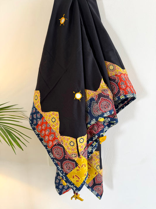 Ajrakh Applique & Kantha Embroidered Dupatta ~ Raven Black & Yellow