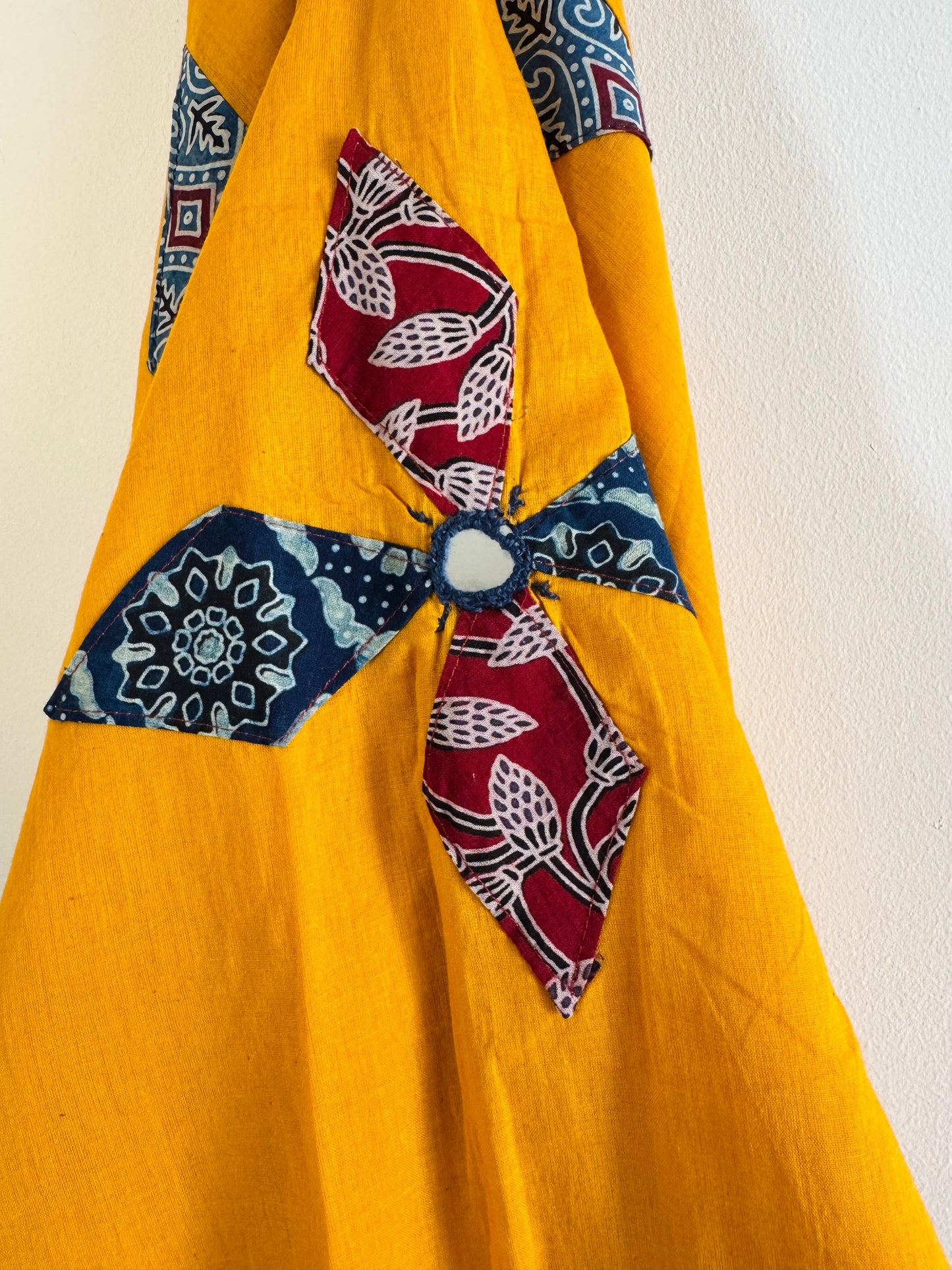 Ajrakh Applique & Kantha Embroidered Dupatta ~ Mustard Yellow with Flowers