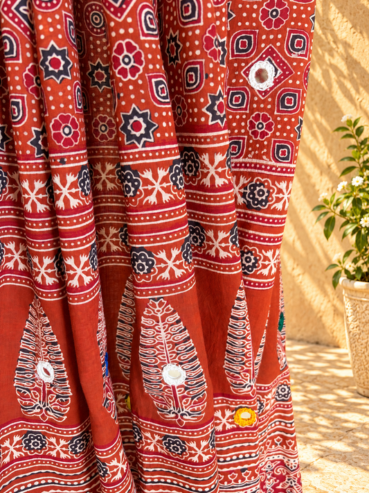 Rangrez🔅Ajrakh Mulmul Cotton Dupattas with Embroidery ~ Orangish Red