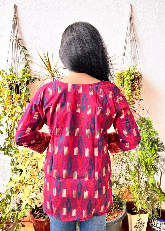 Ikkat - Brick Red Handblock Kurti