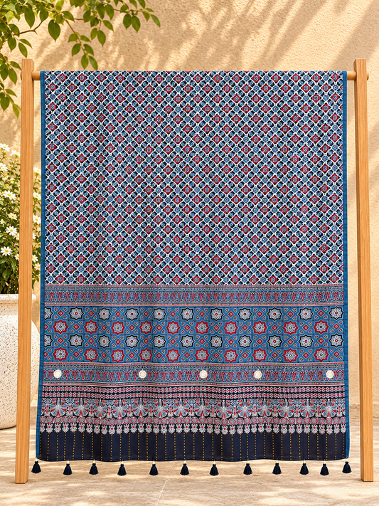 Rangrez🔅Ajrakh Mulmul Cotton Dupattas with Embroidery ~ Blue Banjara