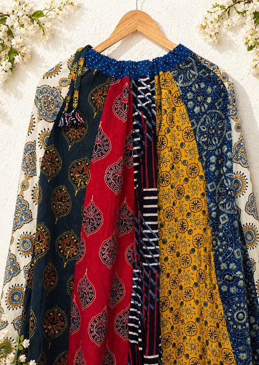 🌻Navrang ~ Ajrakh Long Skirt ~ Multicolor w/ Mosaic Motifs