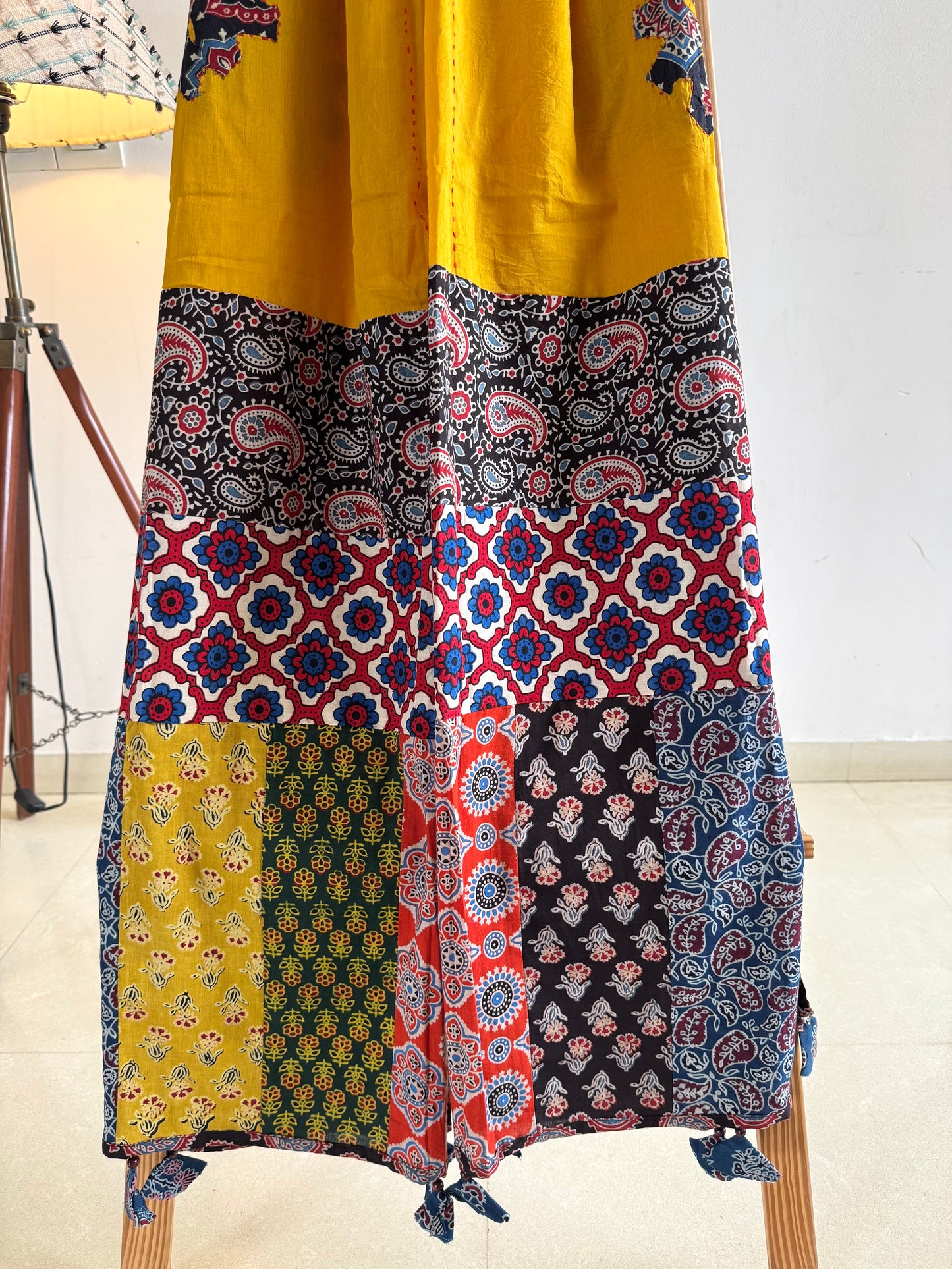 𓂃ོ⋆☀︎𓂃ᨒོ Ajrakh, Applique & Kantha Embroidered Dupatta ~ Yellow w/ Black flowers 𑁍ࠬ