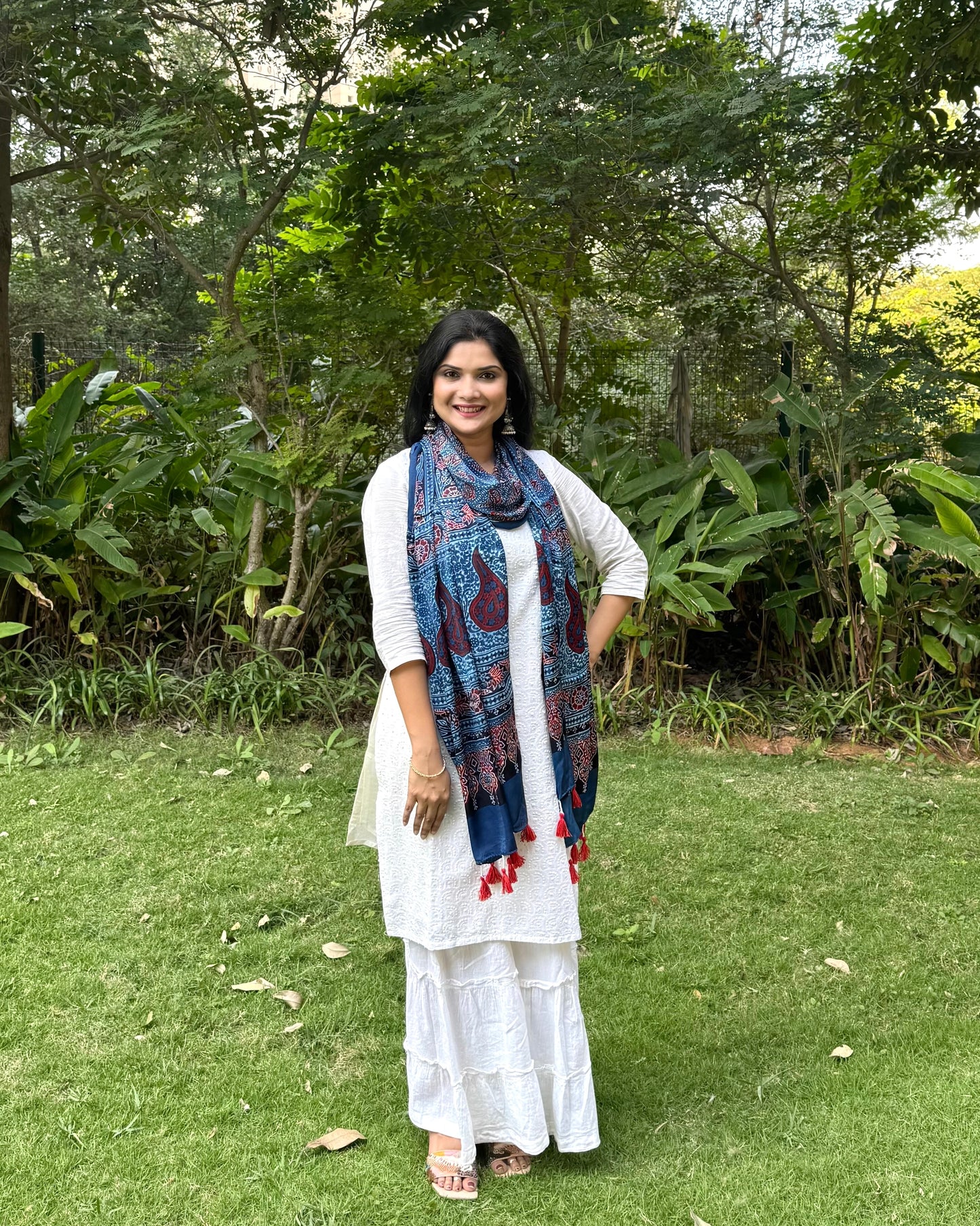 Rangrez🔅Modal Silk Ajrakh Stoles ~ Indigo with Floral Motifs
