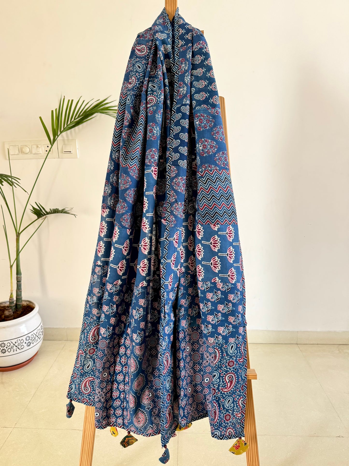 Ajrakh Applique & Kantha Embroidered Dupatta ~ Blue Chequered