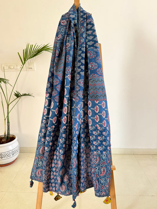 Ajrakh Applique & Kantha Embroidered Dupatta ~ Blue Chequered