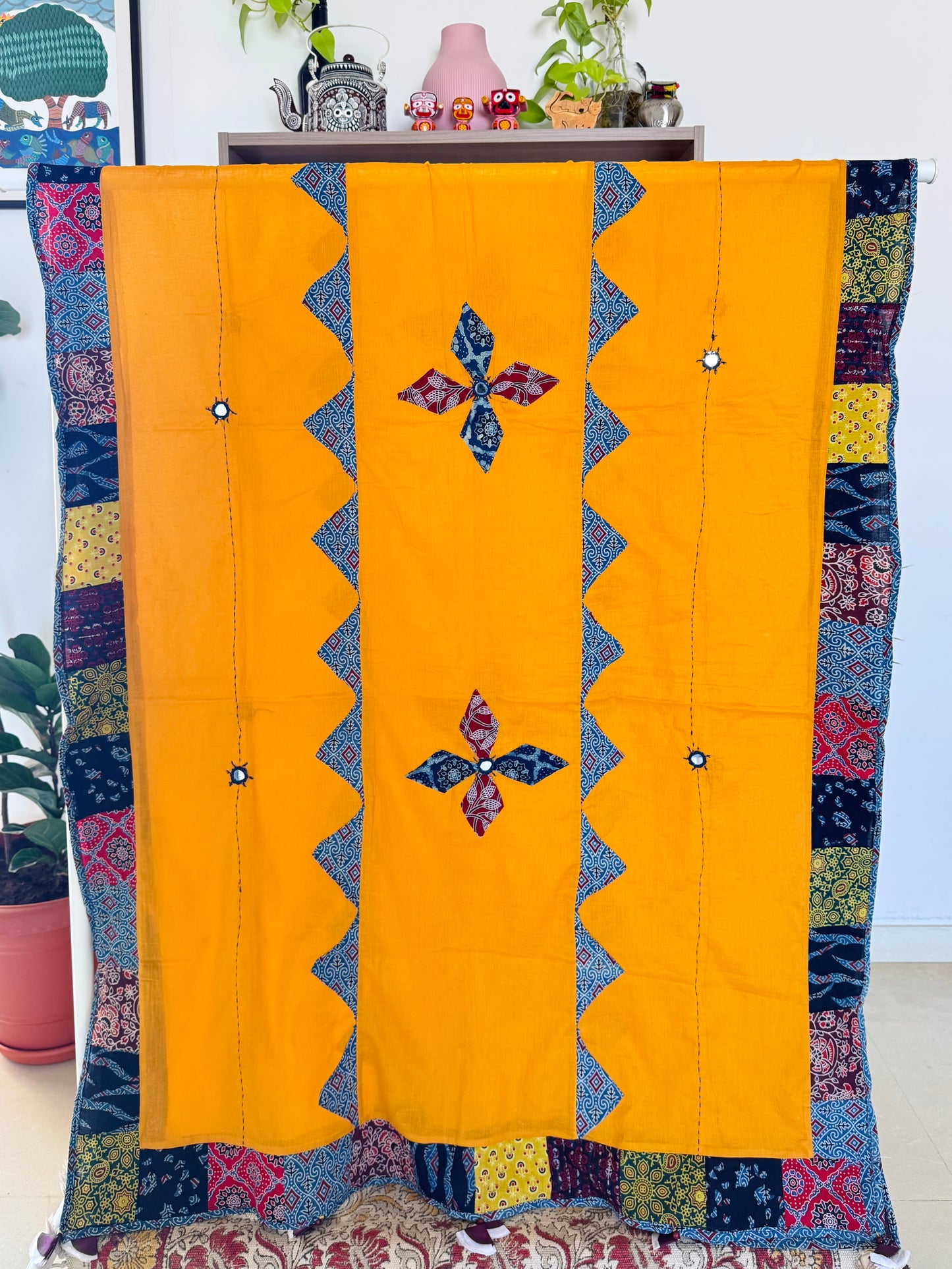 Ajrakh Applique & Kantha Embroidered Dupatta ~ Mustard Yellow with Flowers