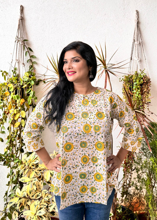 Daffodils ~ Green, Yellow and White Handblock Kurti