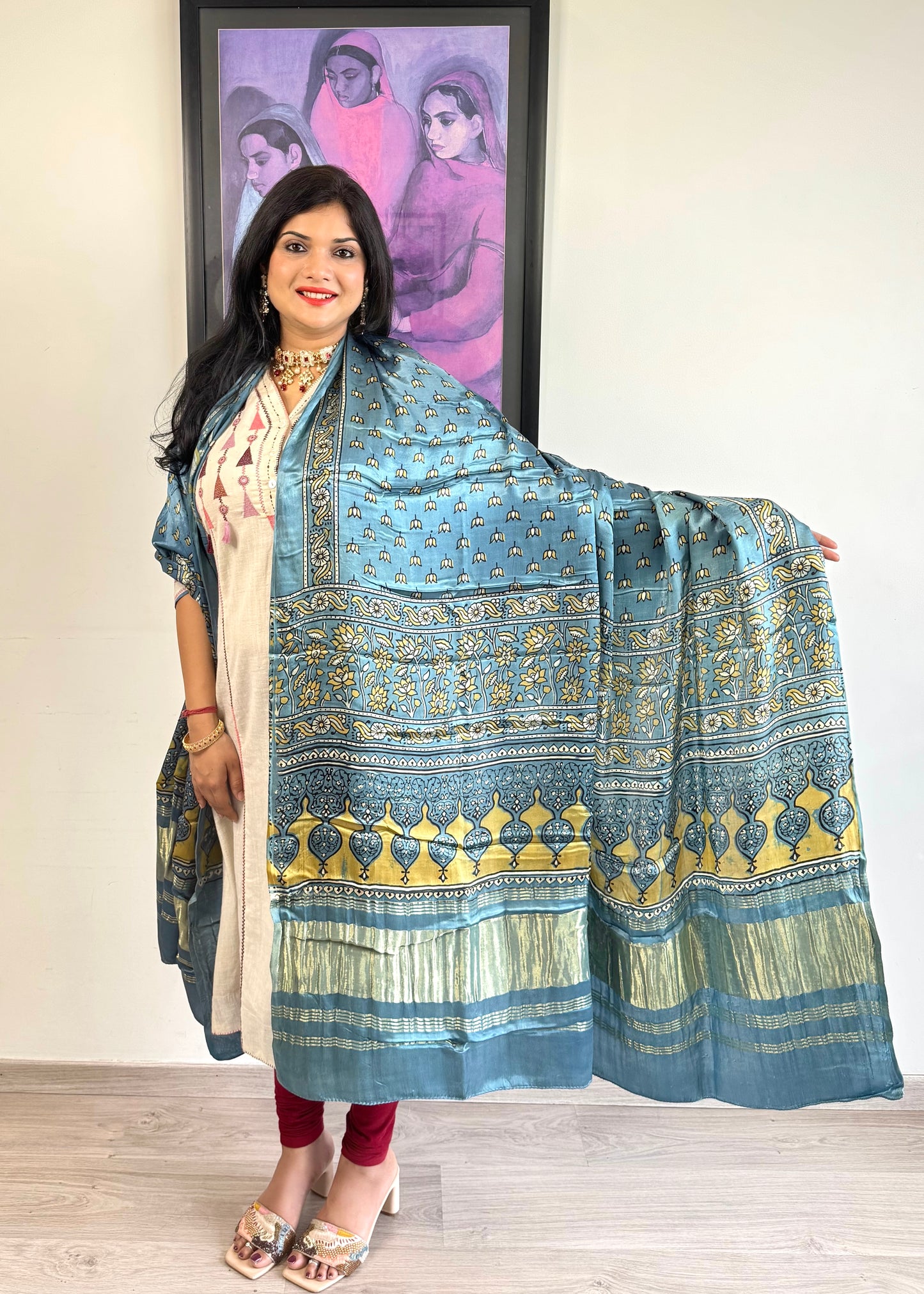 Modal Silk Ajrakh Dupatta ~ Metallic Blue Lotus motif w/ Zari