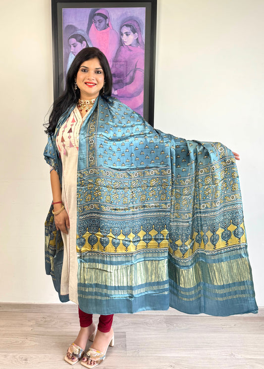 Modal Silk Ajrakh Dupatta ~ Metallic Blue Lotus motif w/ Zari