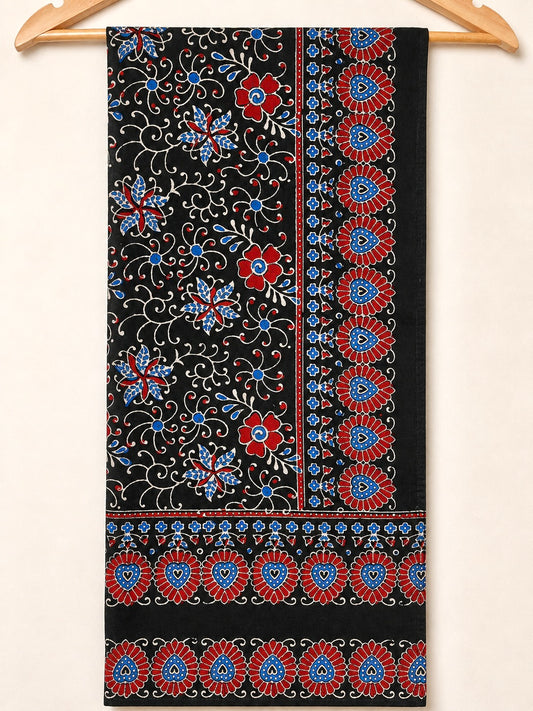 Raahi🌻Ajrakh Cotton Stoles ~ black and metallic blue w/ star motifs