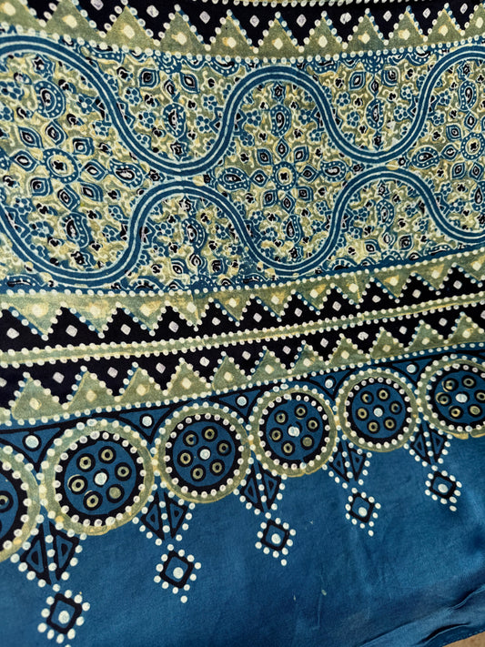 Rangrez🔅Modal Silk Ajrakh Stoles ~ Indigo & Green Grunge Motifs