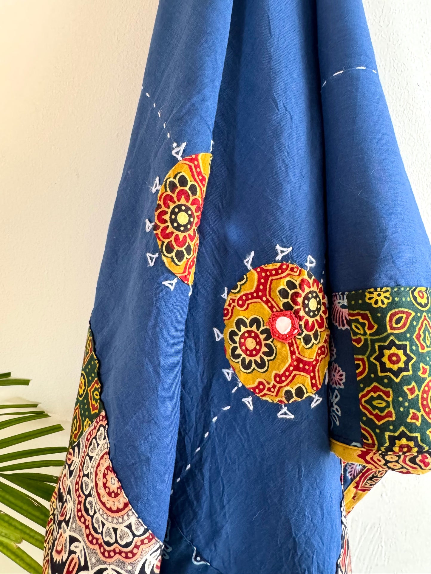 Ajrakh Applique & Kantha Embroidered Dupatta ~ Navy Blue with Mustard Flowers