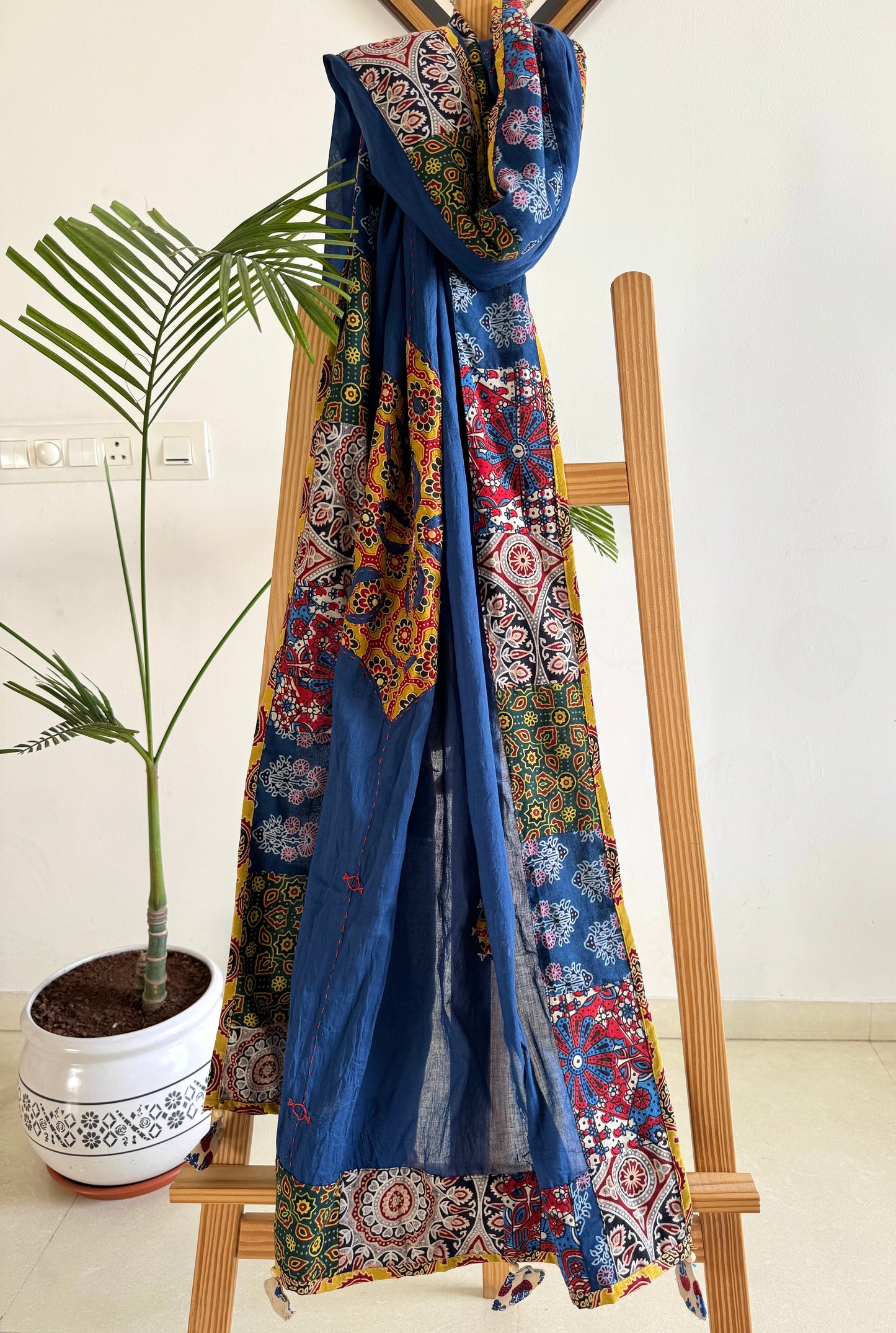 Ajrakh Applique & Kantha Embroidered Dupatta ~ Navy Blue with Mustard Flowers