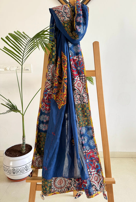 Ajrakh Applique & Kantha Embroidered Dupatta ~ Navy Blue with Mustard Flowers