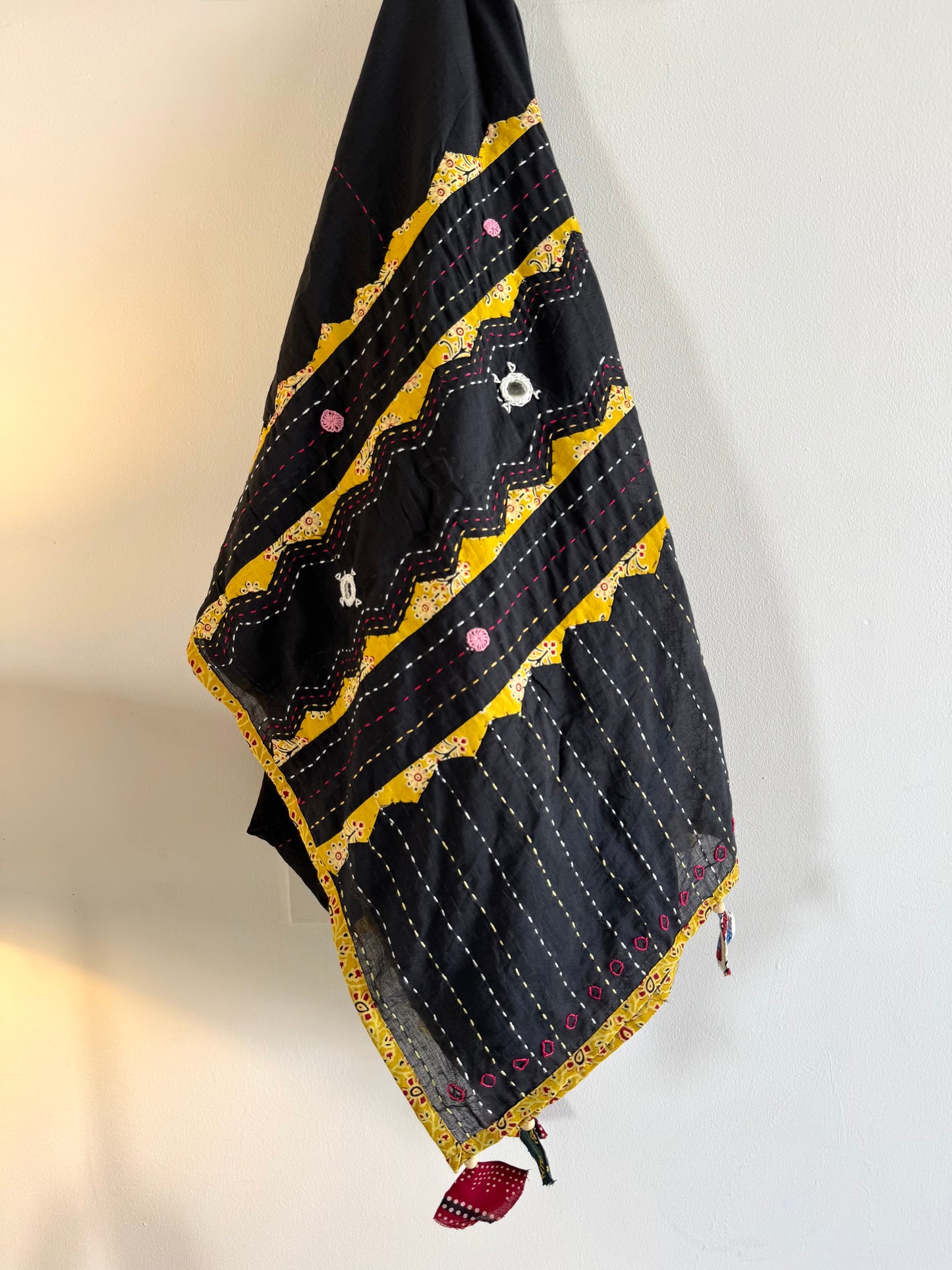 Ajrakh Applique & Kantha Embroidered Dupatta ~ Black & Yellow