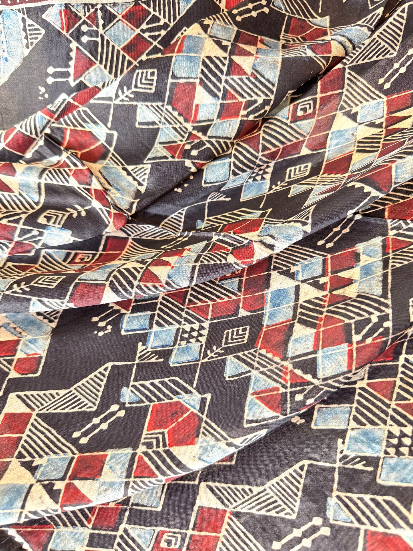 Modal Silk Ajrakh Dupatta ~ Black Worli Art Motif w/ Zari