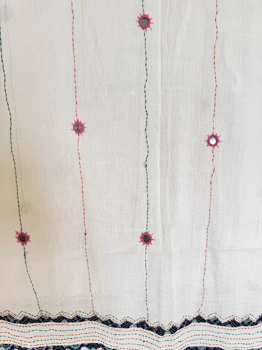 Ajrakh Applique & Kantha Embroidered Dupatta ~ White, Blue with Pink mirrors