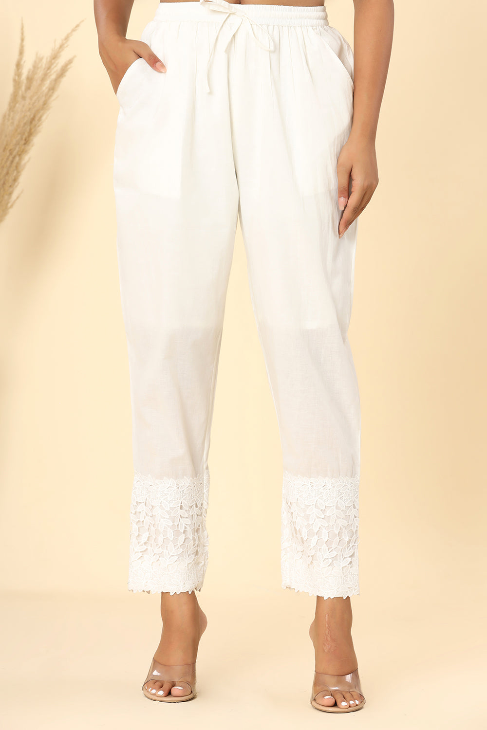 Ivory White ~ Flower Lace Cut Pant