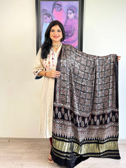 Modal Silk Ajrakh Dupatta ~ Metallic Black Square Motif w/ Zari