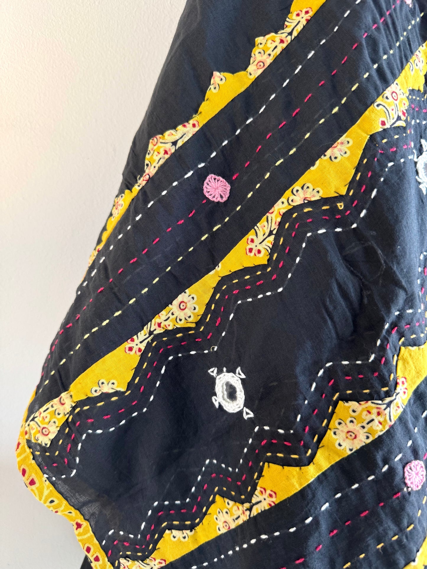 Ajrakh Applique & Kantha Embroidered Dupatta ~ Black & Yellow