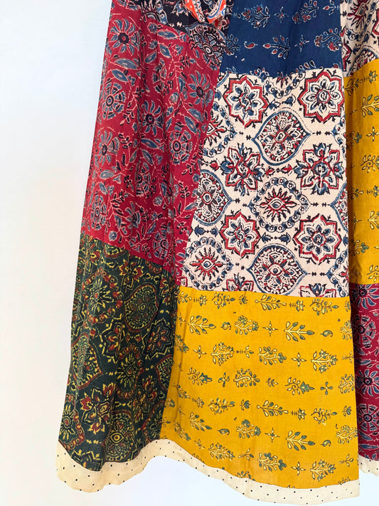 🌻Navrang ~ Ajrakh Handcrafted Long Skirt ~ Multicolor w/ cream polka border