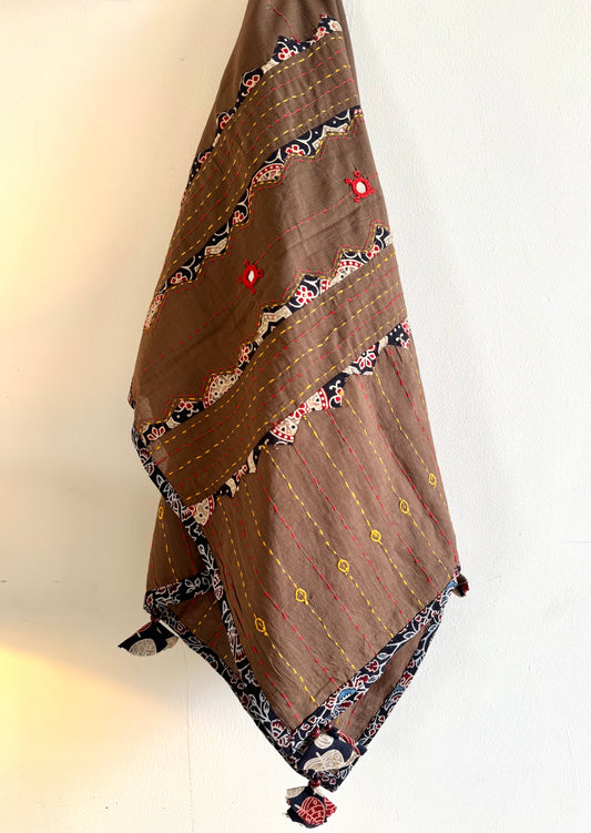 Ajrakh Applique & Kantha Embroidered Dupatta ~ Coffee Brown with Black Patchwork