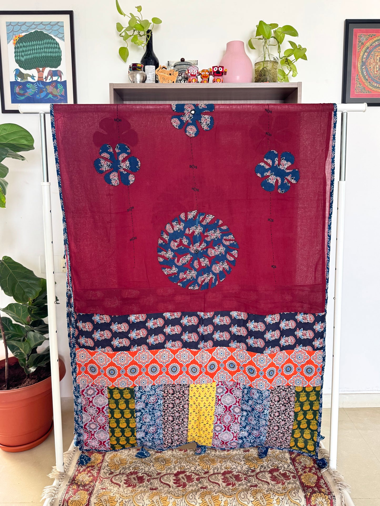 𓂃ོ⋆☀︎𓂃ᨒོ Ajrakh, Applique & Kantha Embroidered Dupatta ~ Burgundy Red 𑁍ࠬ
