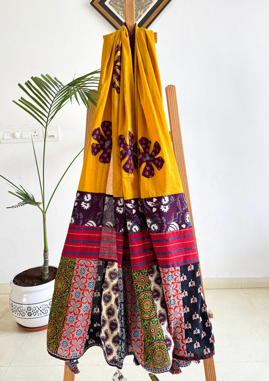 𓂃ོ⋆☀︎𓂃ᨒོ Ajrakh, Applique & Kantha Embroidered Dupatta ~ Yellow & Maroon𑁍ࠬ
