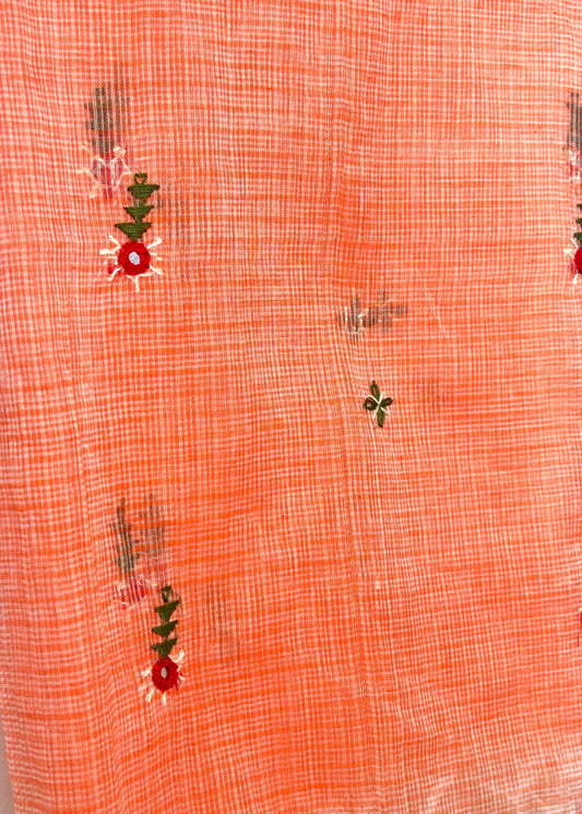 Kota Doria Hand Embroidered Dupatta ~ Peach w/ green flowers