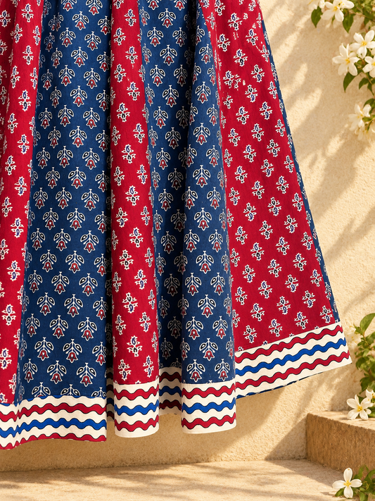 🌻 Navrang ~ Ajrakh Long Skirt ~ Multicolor w/ Zigzag Border
